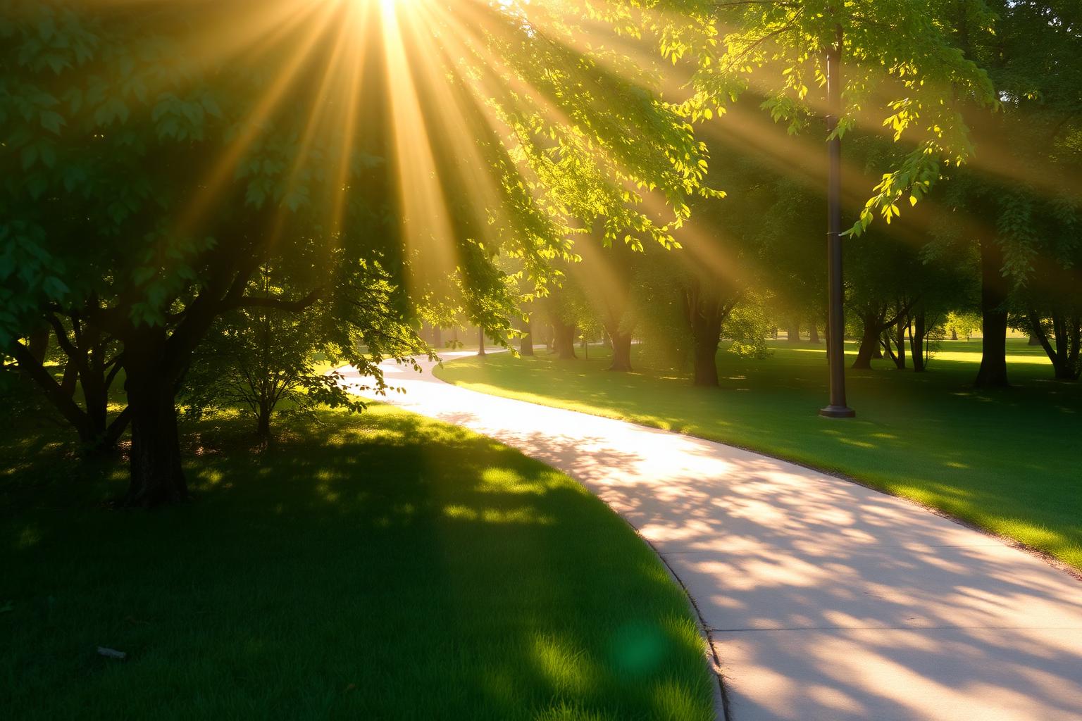 Morning sunlight through green leaves along a quiet walking path, a welcoming place of rest for any caregiver